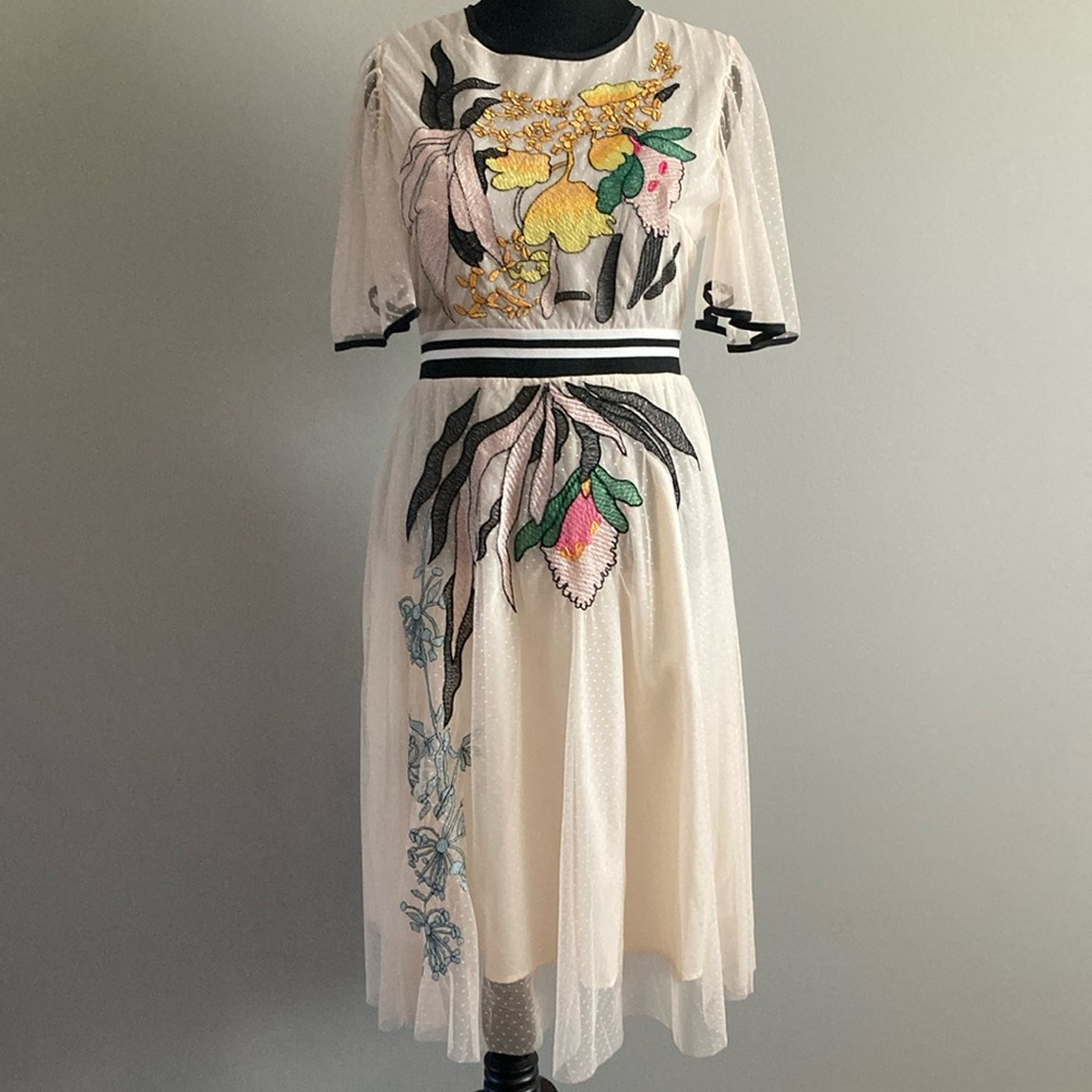 Floral Embroidered Polka Dot Cream Dress